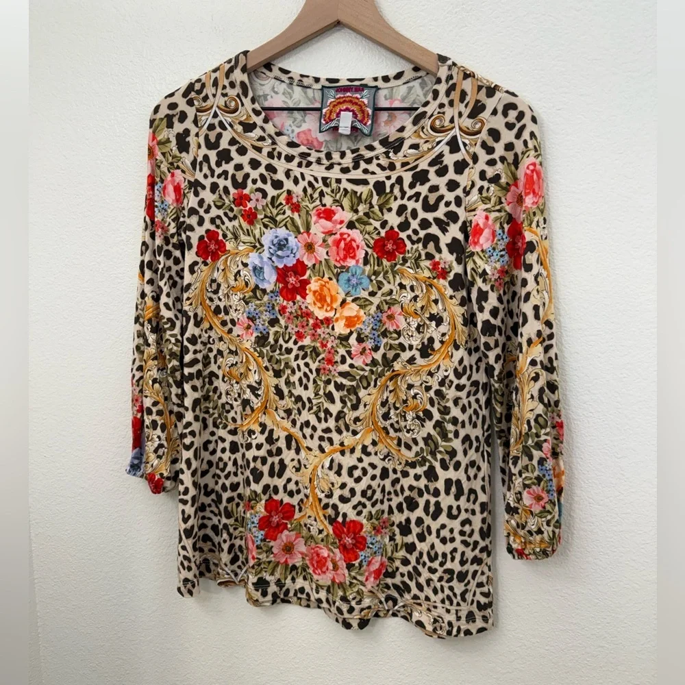 Johnny Was Leopard Floral Tunic Top Bamboo Viscose Puff Sleeve Boho XXS